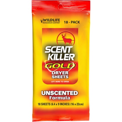 WRC DRYER SHEETS SCENT KILLER GOLD UNSCENTED 18-PACK