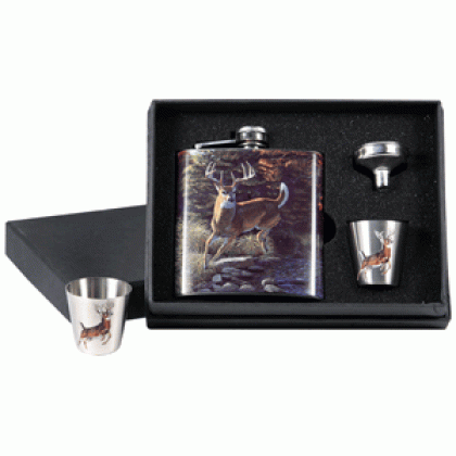 RIVERS EDGE POCKET FLASK WITH 2 SHOT GLASSES WHITETAIL DEER