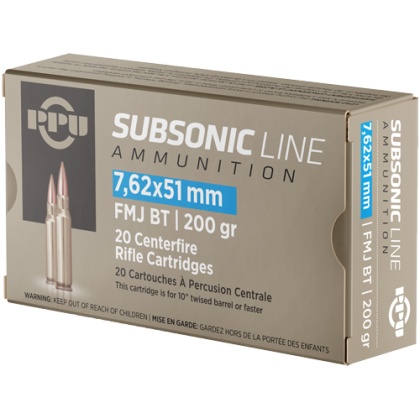 PPU SUBSONIC 7.62X51 200GR FMJ-BT 20RD 10BX/CS