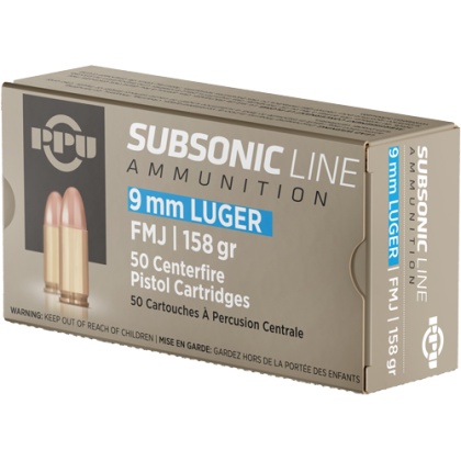 PPU SUBSONIC 9MM LUGER 158GR FMJ 50RD 20BX/CS