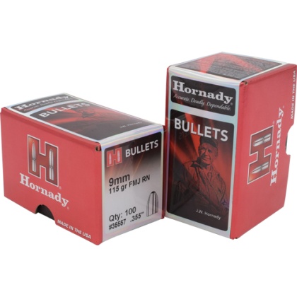 HORNADY BULLETS 9MM .355 115GR FMJ-RN 100CT 25BX/CS