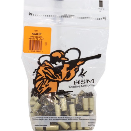 HSM BRASS 45 ACP ONCE FIRED UNPRIMED 100 PACK