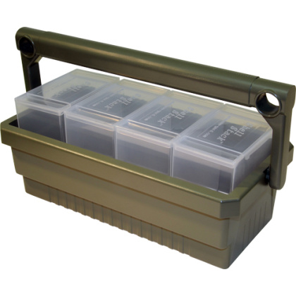 MTM SHOTSHELL BOX CADDY W/ 4 SS25 RND CLEAR SHOTSHELL BOXES