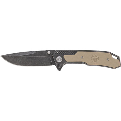 S&W STONEWASH DROP POINT 3.6" BLADE W/ S&W LOGO IN G10 HNDL