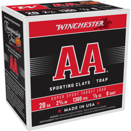 WINCHESTER AA 20GA 2.75" 7/8OZ #8 1300FPS 250RD CASE LOT