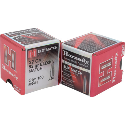 HORNADY BULLETS 22CAL .224 52GR ELD-M MATCH 100CT 40BX/CS